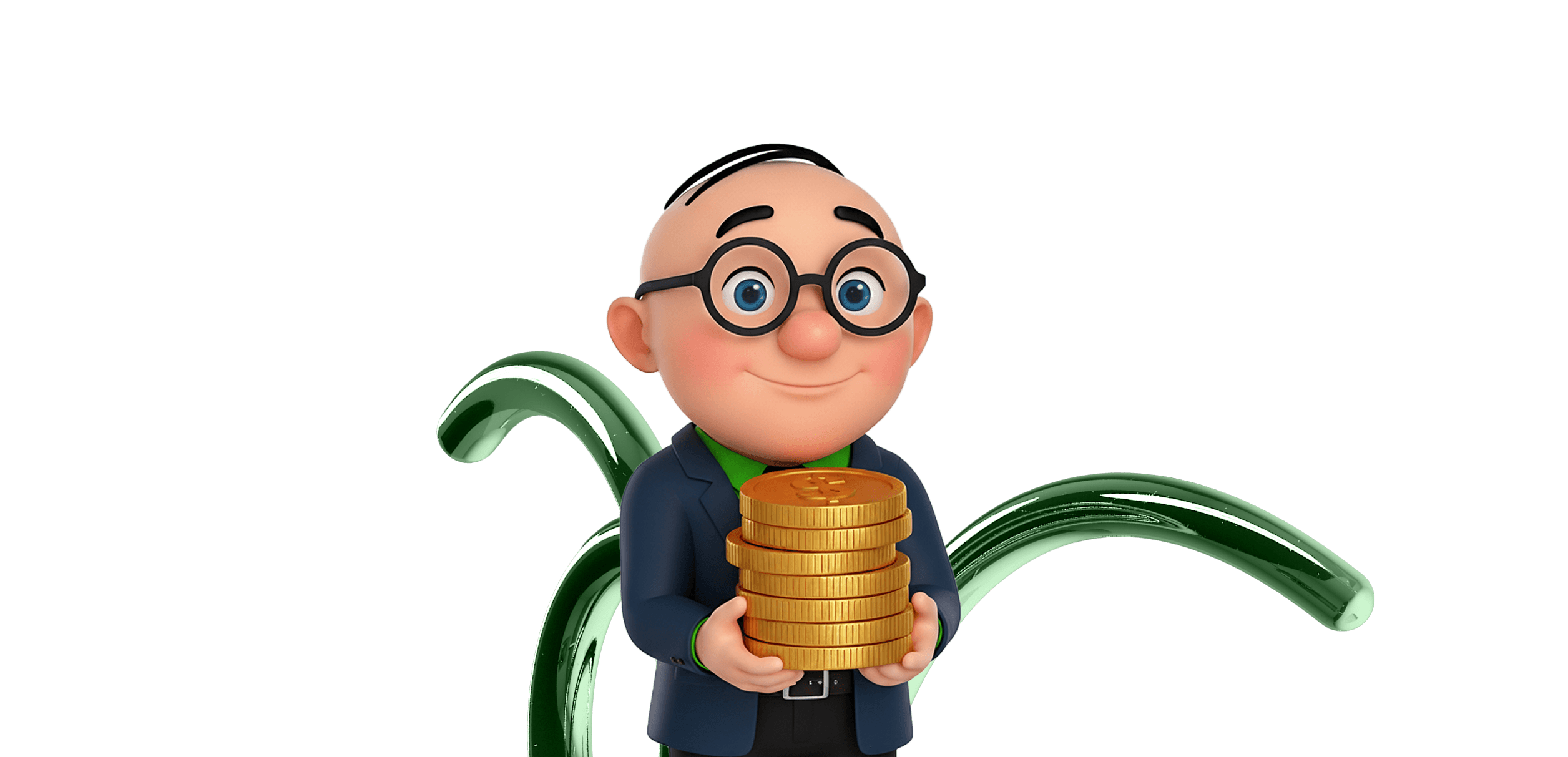 Alfred, CreditMarket.ae's mascot, holding a stack of coins representing personal loan financing in the UAE