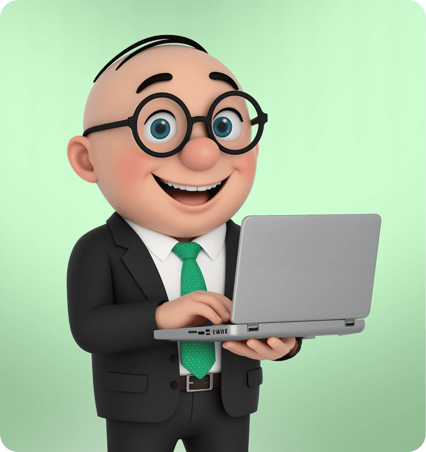 Alfred, CreditMarket.ae's mascot, working on a laptop