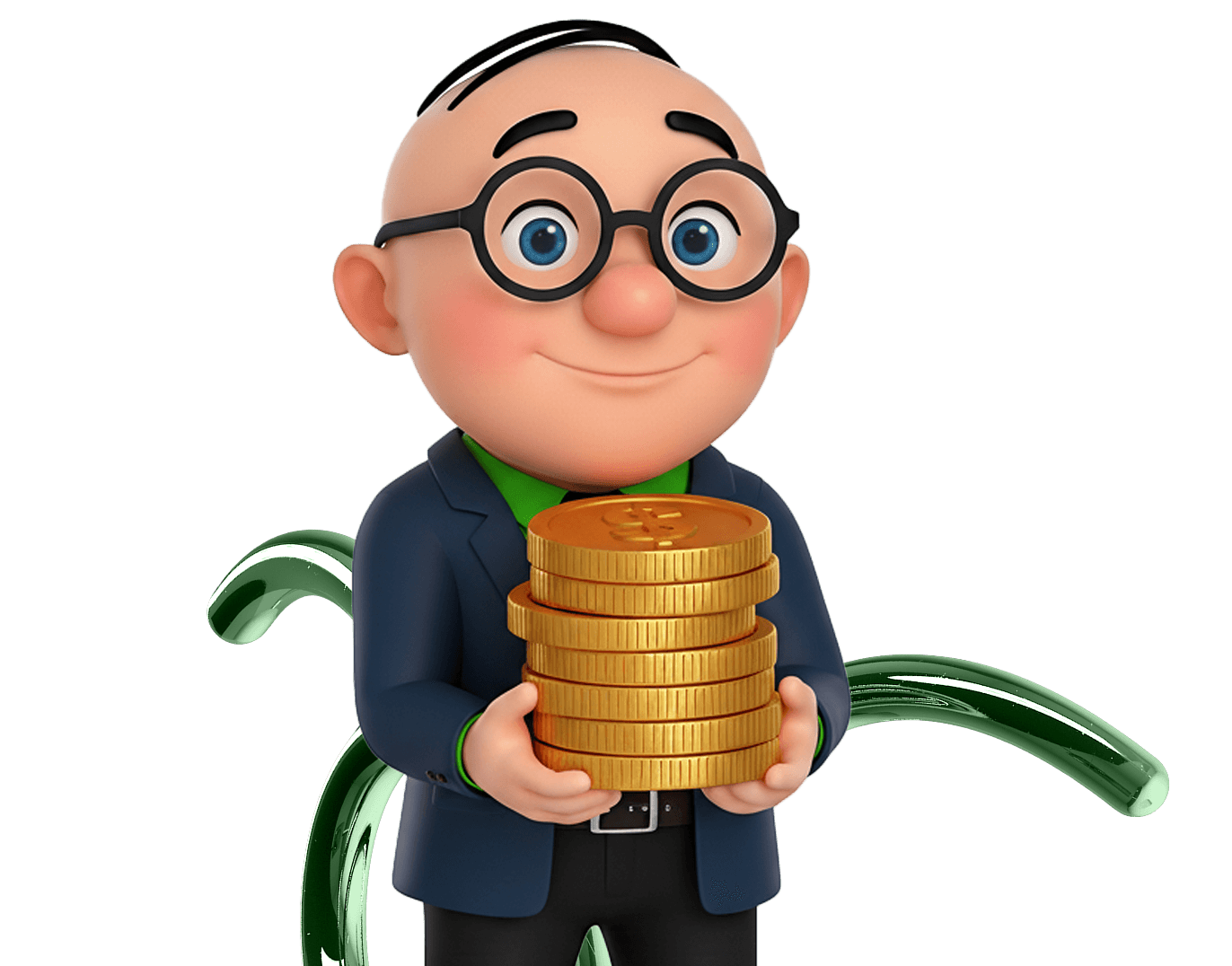 Alfred, CreditMarket.ae's mascot, holding a stack of coins representing personal loan financing in the UAE